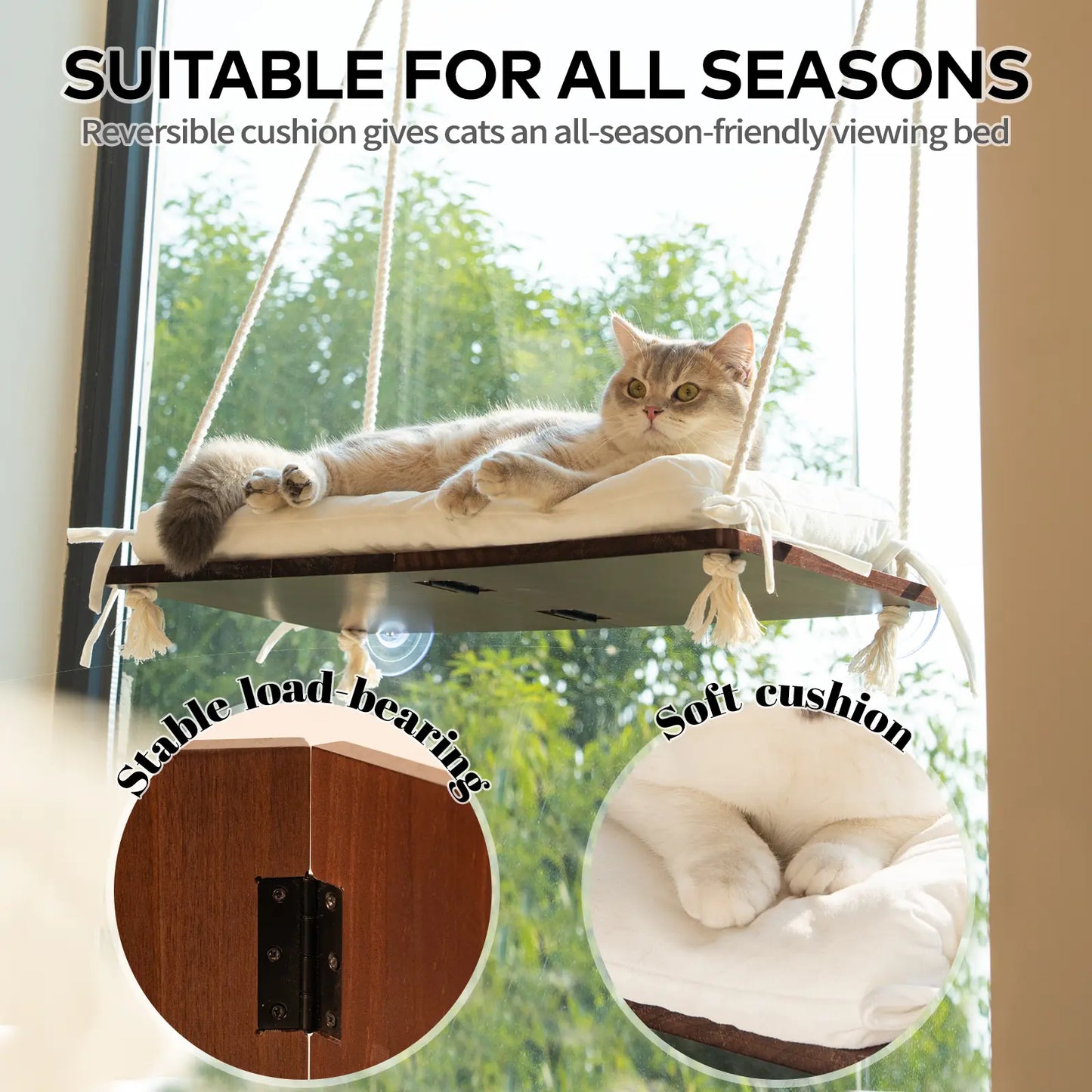 Solid Wood Cat Window Perch with Machine Washable Cusion,Strong Suction Cup, Cat Window Perch for Cats and Small Dog