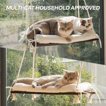 Solid Wood Cat Window Perch with Machine Washable Cusion,Strong Suction Cup, Cat Window Perch for Cats and Small Dog
