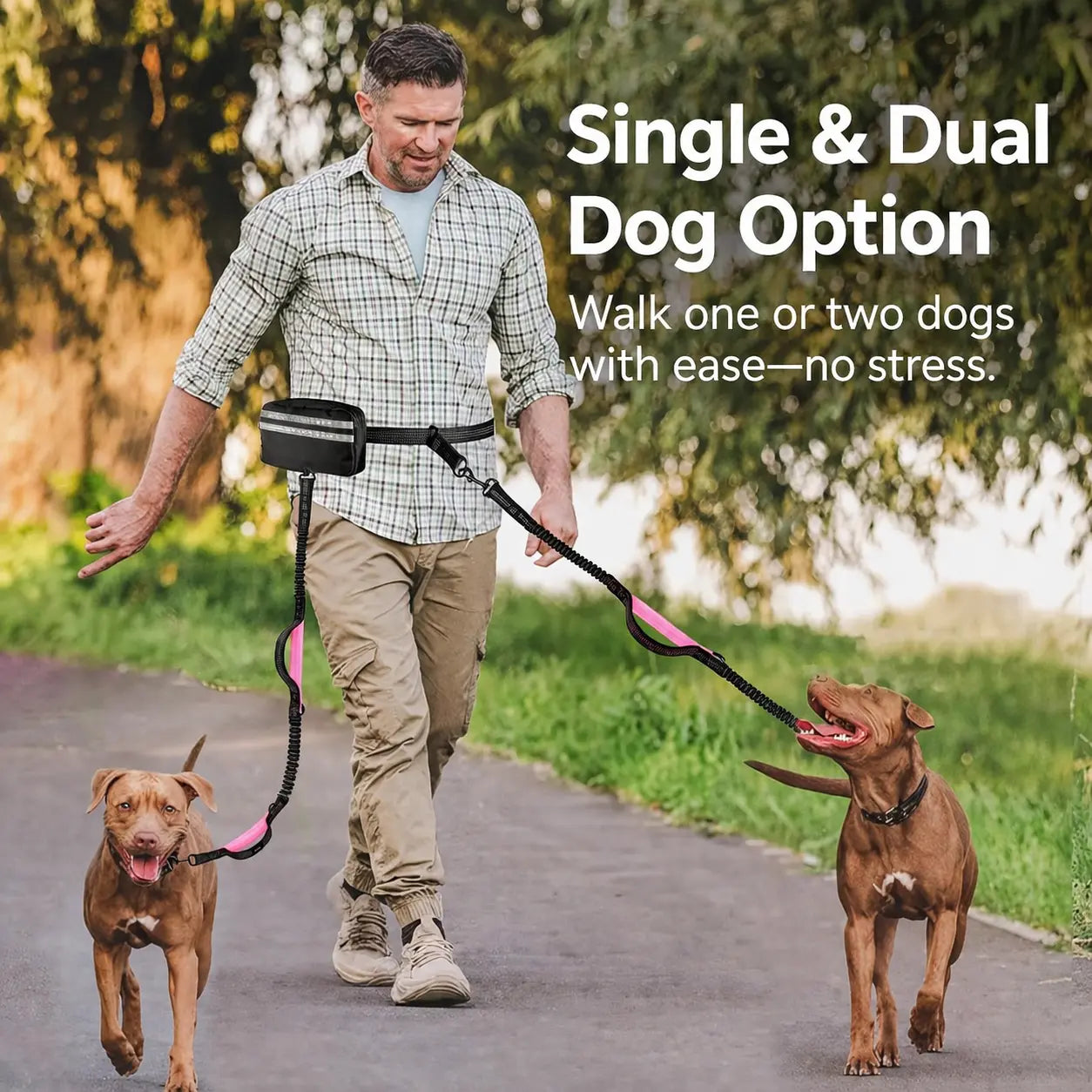 Hands-Free Dual Dog Leash with Waist Bag & Cushioned Pad 