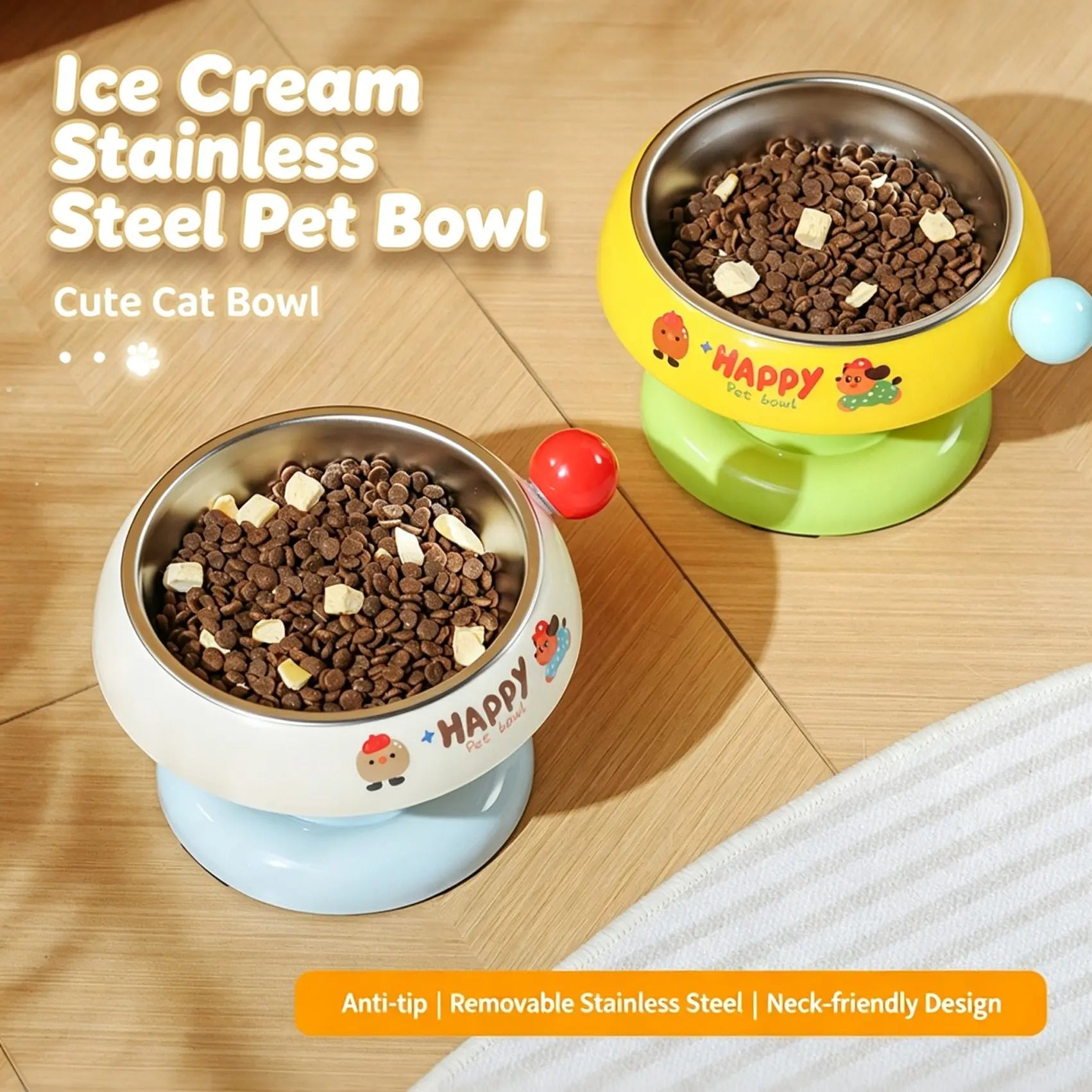Stainless Steel Cat Bowl Feeder for Cats and Dogs, 3 Color Options, Anti-Slip, Non-Tip, Removable Inner Liner, Easy to Clean
