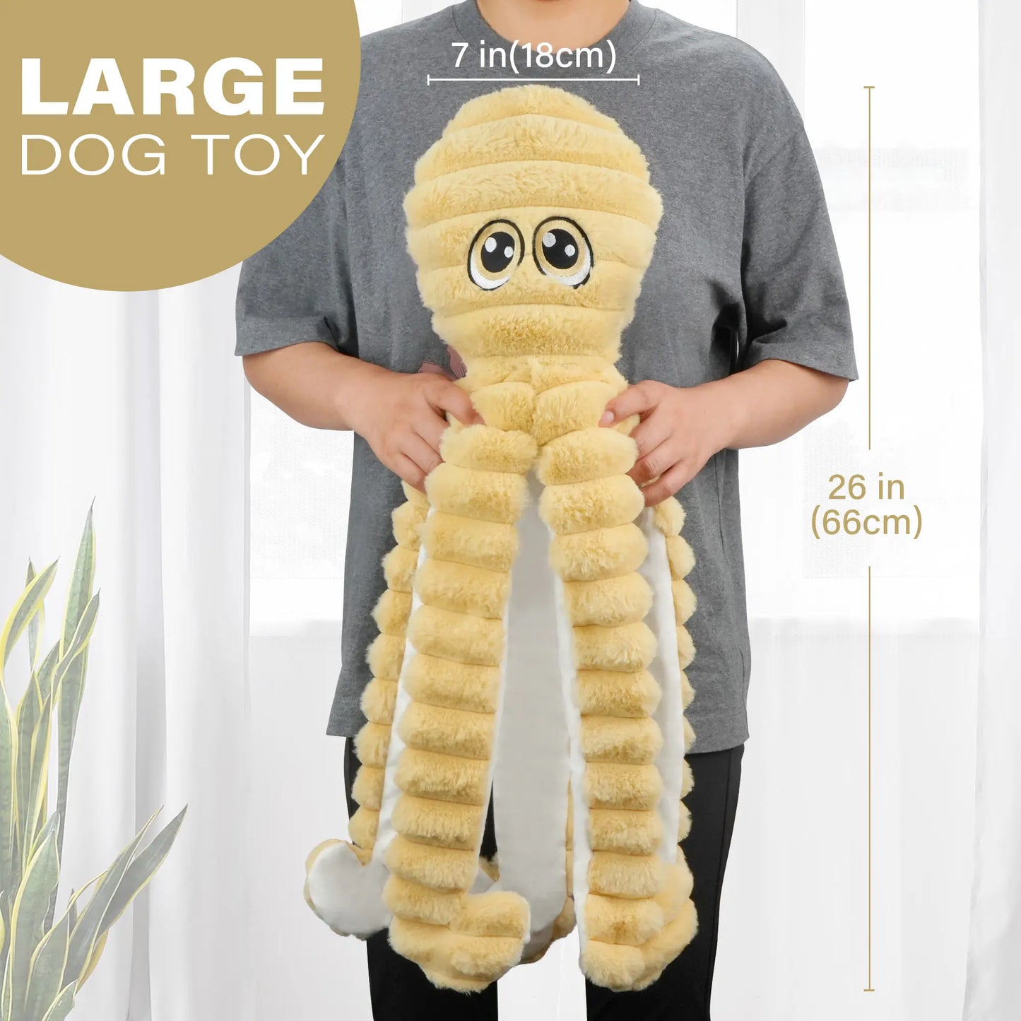 Prime Pets Extra Large Plush Octopus Dog Toy for Large Dogs, 27” Crinkle and Squeaky Tug of War Chew Toy in Yellow