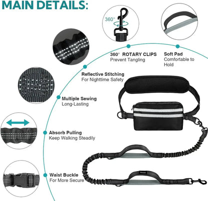 Hands-Free Dual Dog Leash with Waist Bag & Cushioned Pad 