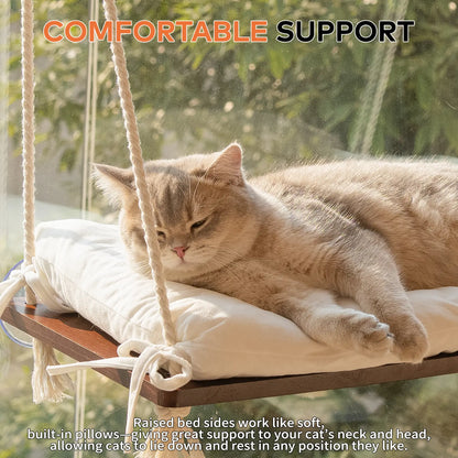 Solid Wood Cat Window Perch with Machine Washable Cusion,Strong Suction Cup, Cat Window Perch for Cats and Small Dog
