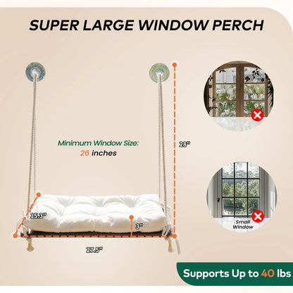 Solid Wood Cat Window Perch with Machine Washable Cusion,Strong Suction Cup, Cat Window Perch for Cats and Small Dog