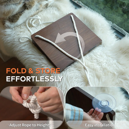 Solid Wood Cat Window Perch with Machine Washable Cusion,Strong Suction Cup, Cat Window Perch for Cats and Small Dog