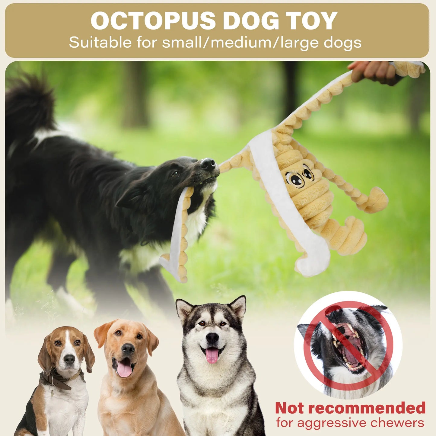 Prime Pets Extra Large Plush Octopus Dog Toy for Large Dogs, 27” Crinkle and Squeaky Tug of War Chew Toy in Yellow
