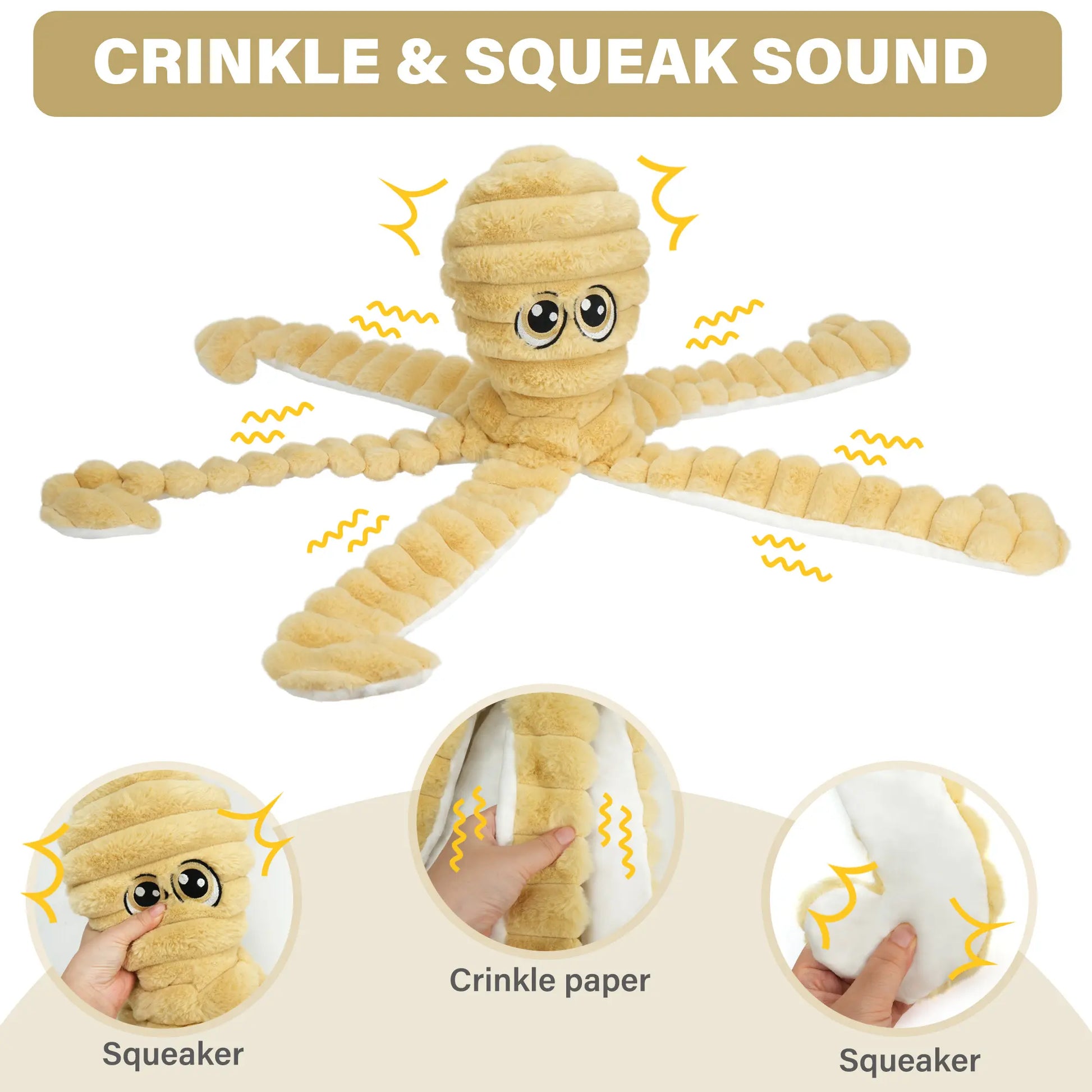 Prime Pets Extra Large Plush Octopus Dog Toy for Large Dogs, 27” Crinkle and Squeaky Tug of War Chew Toy in Yellow
